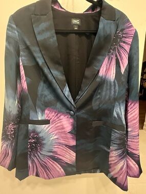 INC International Concepts Black Satin Blazer with Purple Floral Print
